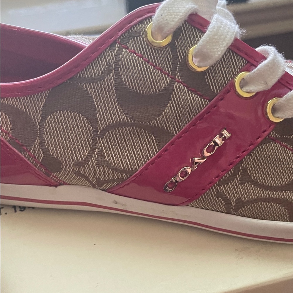 Coach Beige Signature Canvas Sneakers with Pink Patent Trim - Picture 5 of 7